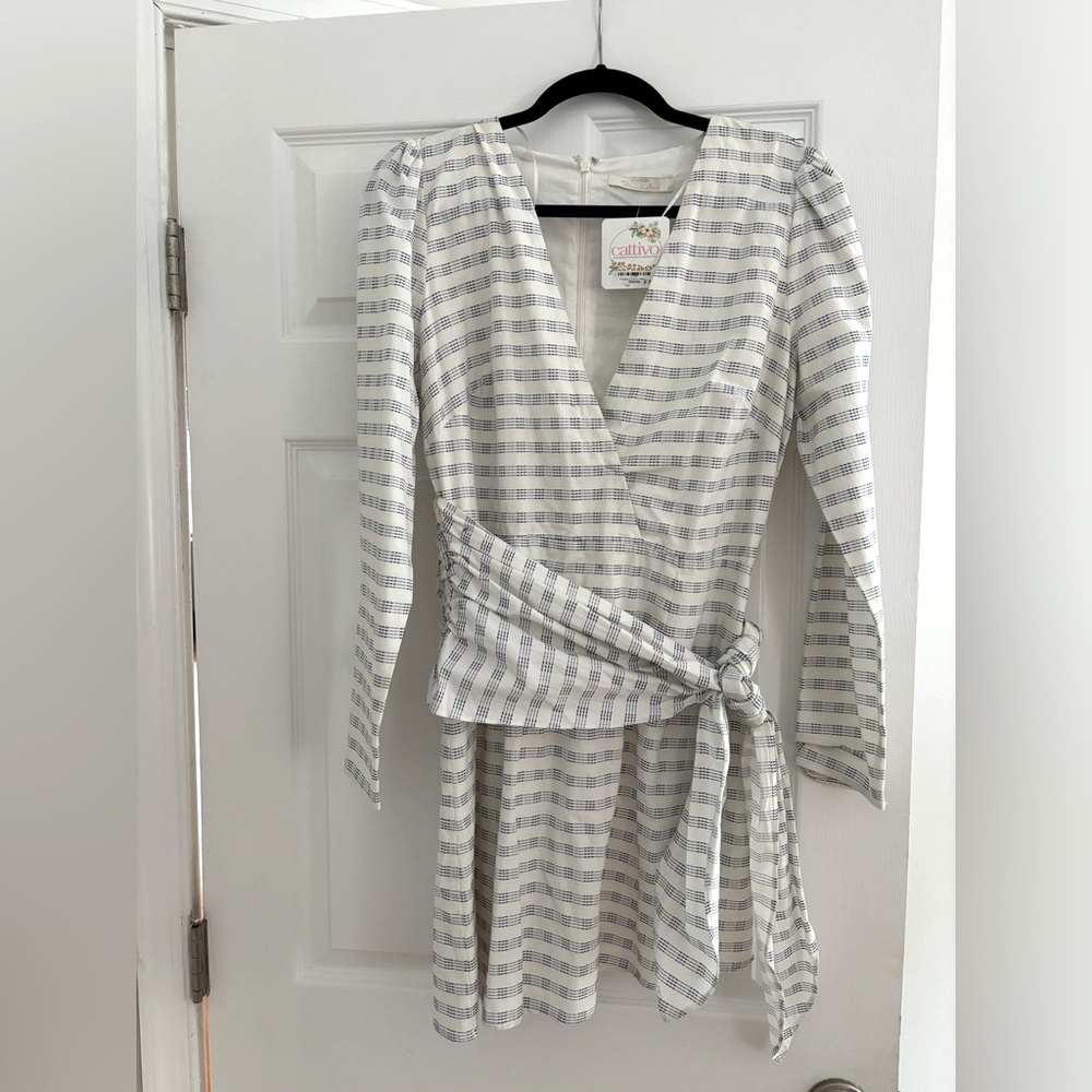 NWT La Maison Talulah Navy and White Dash Long-Sleeved Wrap Dress